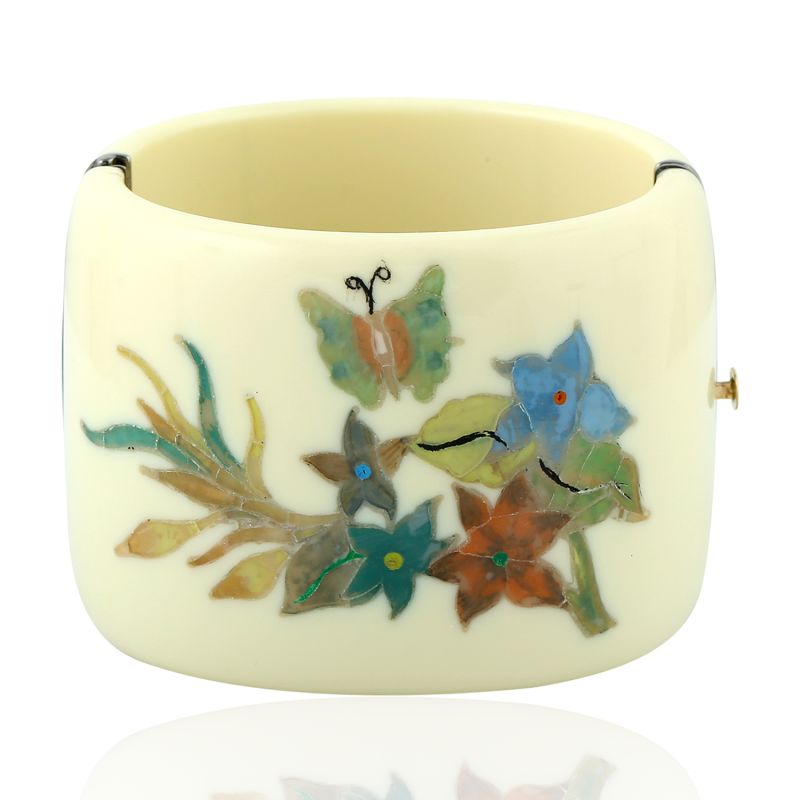 18K Gold & 925 Sterling Silver Flower Leaf Butterfly Design Bakelite Bangle Jewelry image