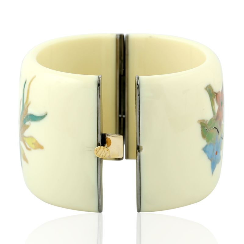 18K Gold & 925 Sterling Silver Flower Leaf Butterfly Design Bakelite Bangle Jewelry image