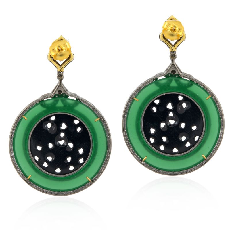 18K Gold Silver With Carved Black & Green Onyx Gemstone Pave Diamond Dangle Earrings image