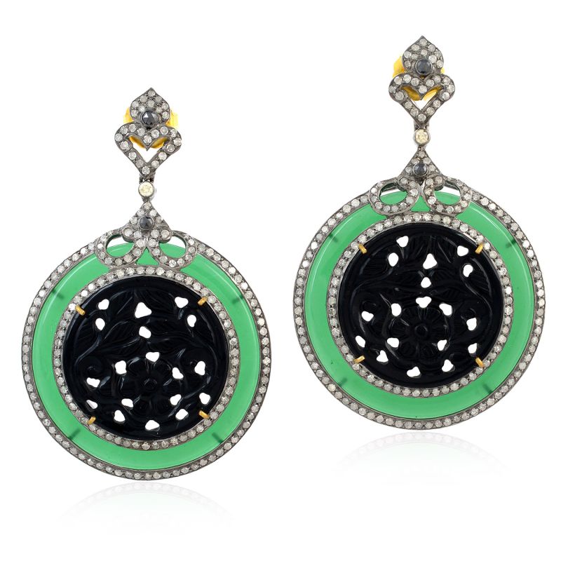 18K Gold Silver With Carved Black & Green Onyx Gemstone Pave Diamond Dangle Earrings image