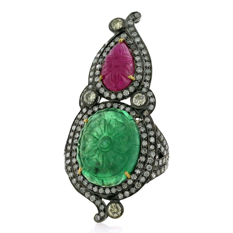 18K Gold Silver With Carved Ruby & Emerald Pave Diamond Antique Knuckle Ring image