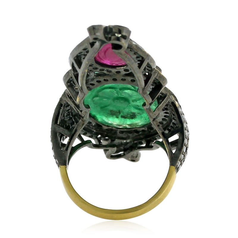 18K Gold Silver With Carved Ruby & Emerald Pave Diamond Antique Knuckle Ring image