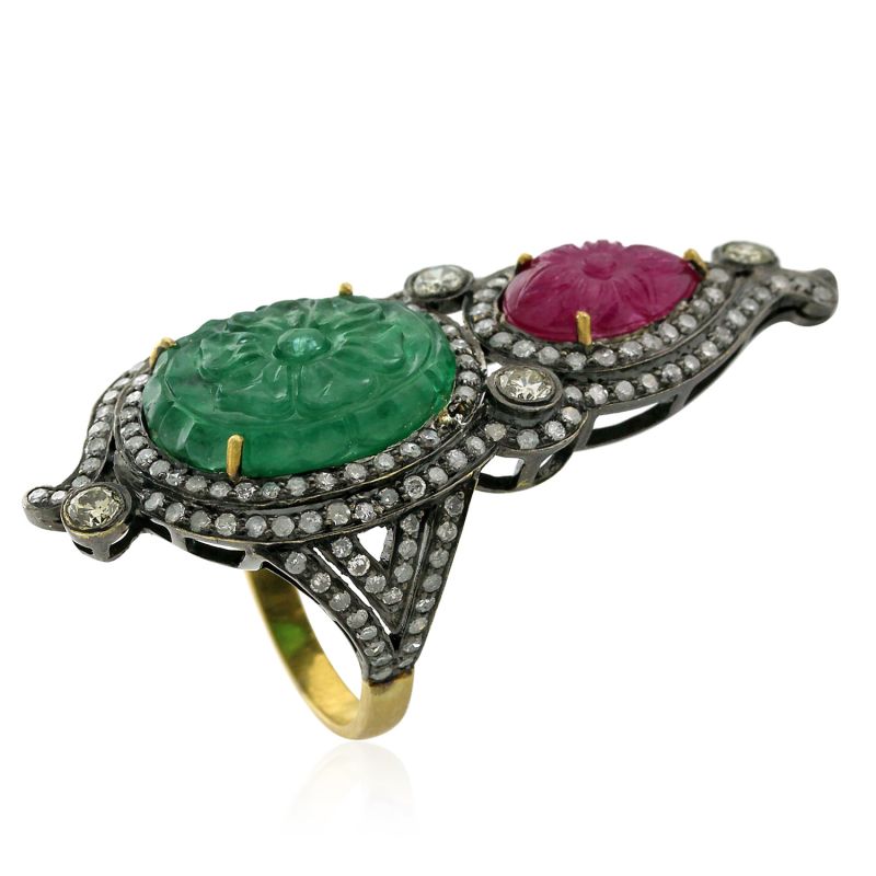 18K Gold Silver With Carved Ruby & Emerald Pave Diamond Antique Knuckle Ring image
