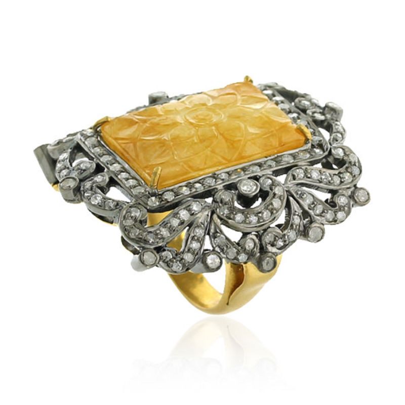 18K Gold Silver With Carved Yellow Sapphire & Surrounded Pave Diamond Cocktail Ring image