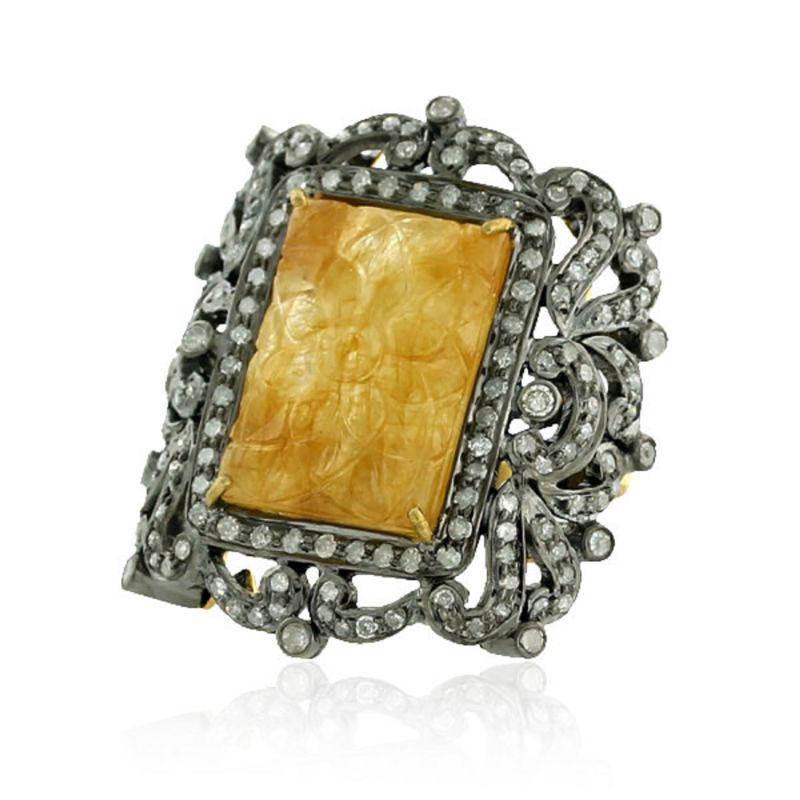 18K Gold Silver With Carved Yellow Sapphire & Surrounded Pave Diamond Cocktail Ring image