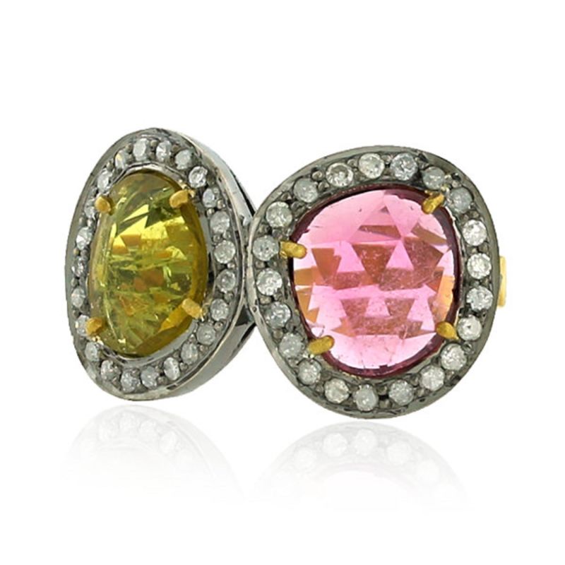 18K Gold Silver With Multi Tourmaline Gemstone & Pave Diamond Classic Ring image