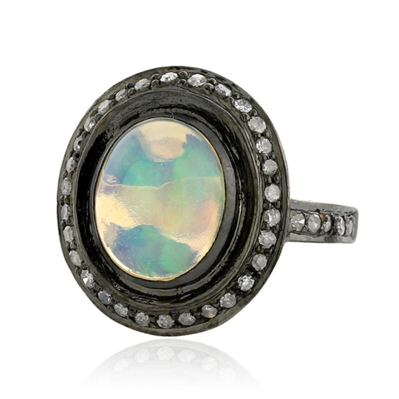 18K Gold Silver With Oval Cut Ethiopian Opal & Pave Diamond Vintage Cocktail Ring image