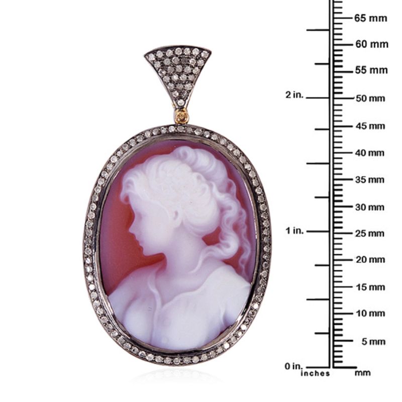 18K Solid Gold & Sterling Silver With Pave Diamond And Shall Cameo Women Face Pendant image