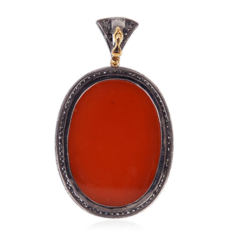 18K Solid Gold & Sterling Silver With Pave Diamond And Shall Cameo Women Face Pendant image