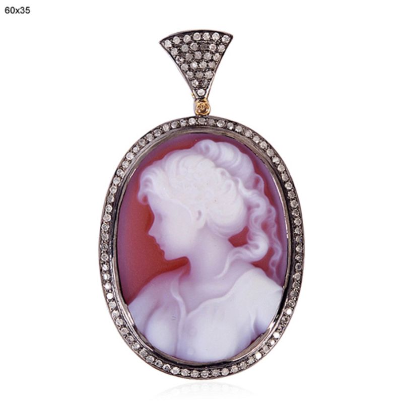 18K Solid Gold & Sterling Silver With Pave Diamond And Shall Cameo Women Face Pendant image