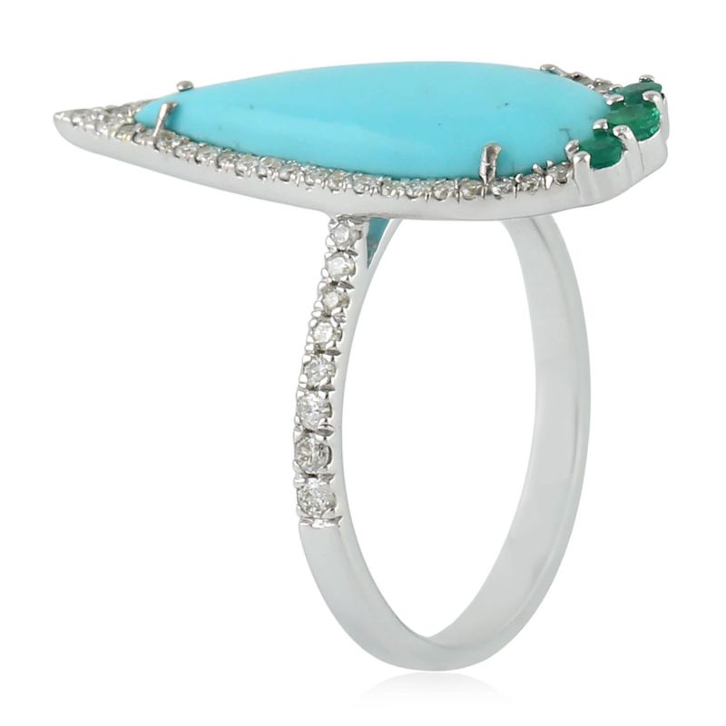 18K White Gold Ring With Turquoise Emerald & Pave Diamonds Handmade Jewelry image