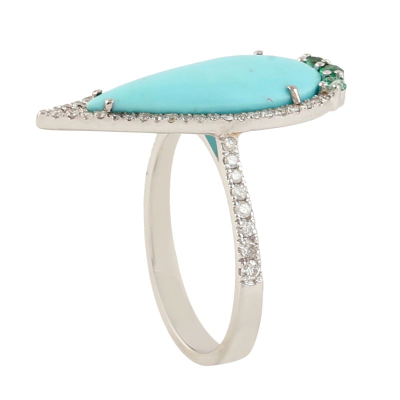 18K White Gold Ring With Turquoise Emerald & Pave Diamonds Handmade Jewelry image