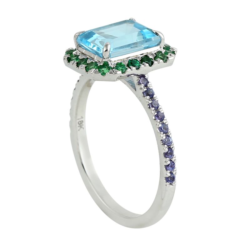 18K White Gold With Baguette Blue Topaz & Tsavorite Pave Tanzanite Cocktail Ring image