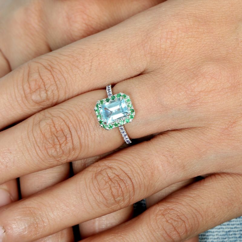 18K White Gold With Baguette Blue Topaz & Tsavorite Pave Tanzanite Cocktail Ring image