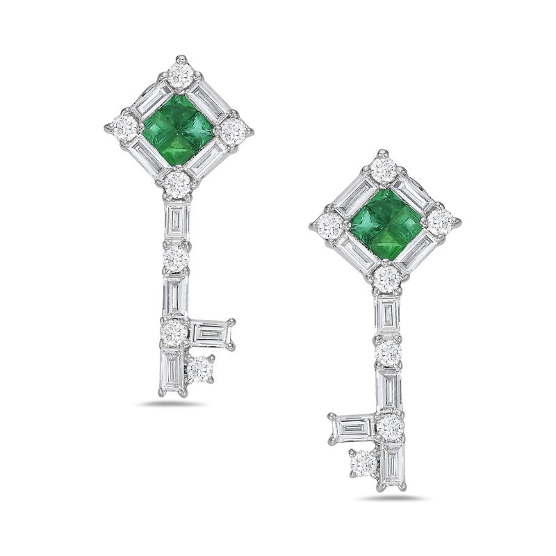 18K White Gold With Baguette Shape Diamond & Emerald Key Design Dangle Earrings image