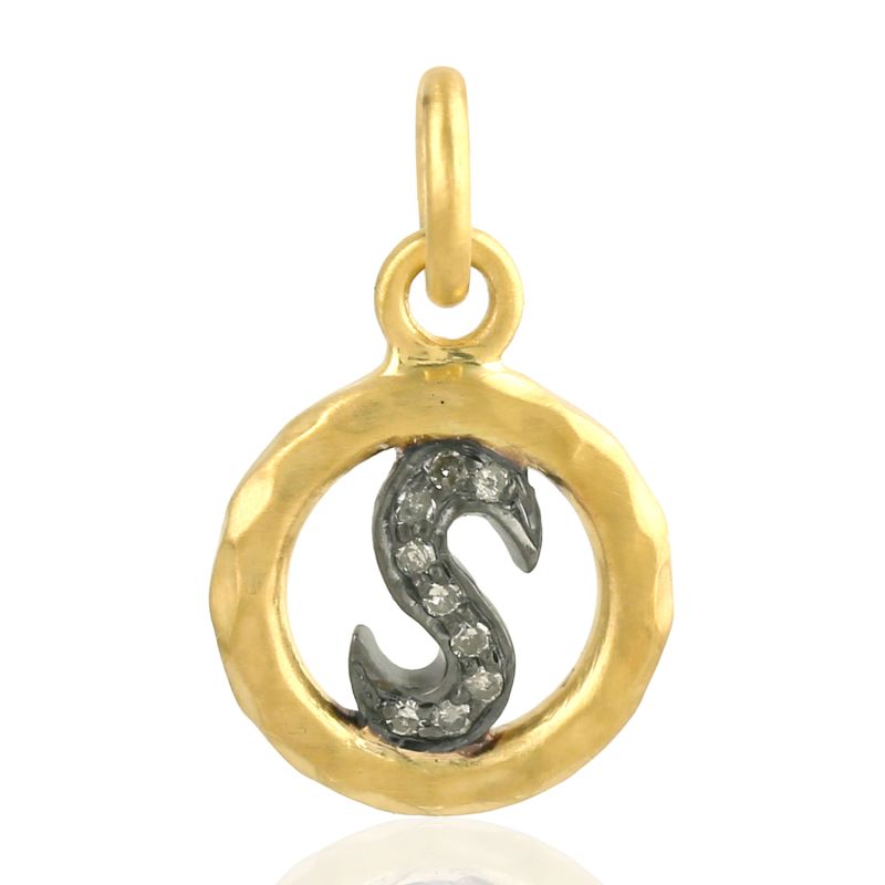 18K Yellow Gold & 925 Silver With Pave Diamond Initial "S" Letter Pendant image