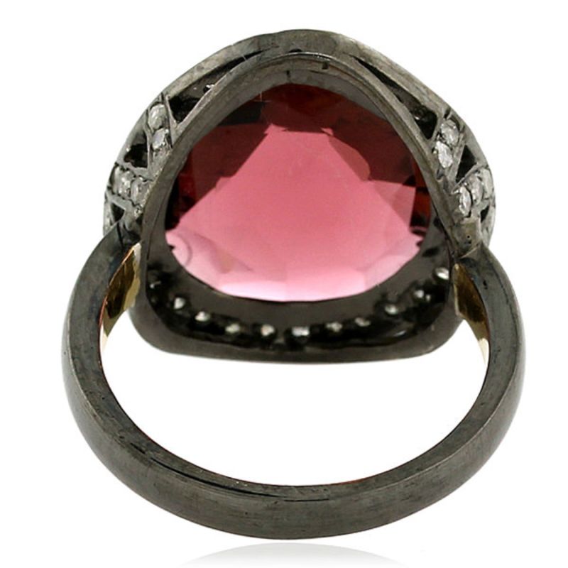 18K Yellow Gold Silver With Pear Cut Tourmaline Gemstone & Pave Diamond Cocktail Ring image