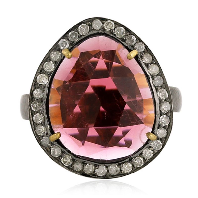 18K Yellow Gold Silver With Pear Cut Tourmaline Gemstone & Pave Diamond Cocktail Ring image