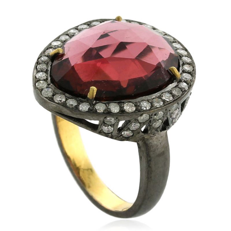 18K Yellow Gold Silver With Pear Cut Tourmaline Gemstone & Pave Diamond Cocktail Ring image