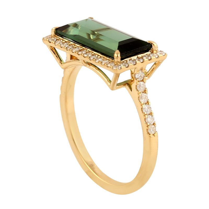 18K Yellow Gold With Baguette Cut Green Tourmaline & Diamond Cocktail Ring image