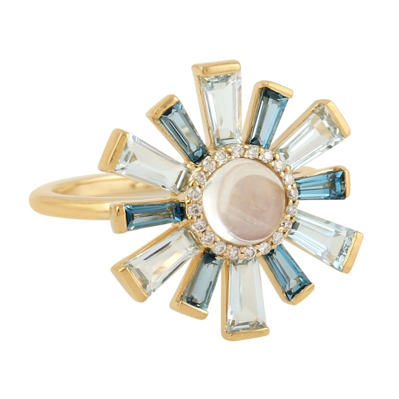 18K Yellow Gold With Baguette Topaz & Moonstone Pave Diamond Handmade Cocktail Ring image