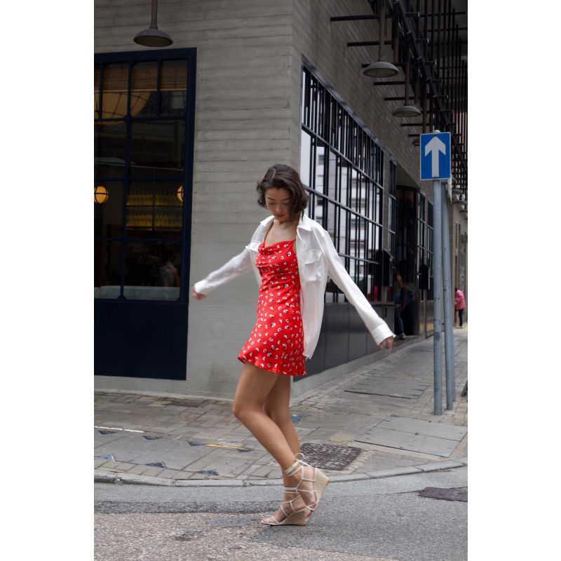 Silk Cowl Mini Slip Dress - Wildflower Print Red Floral image