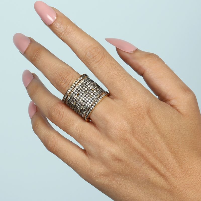 925 Sterling Silver With Natural Pave Diamond Long Designer Band Ring image