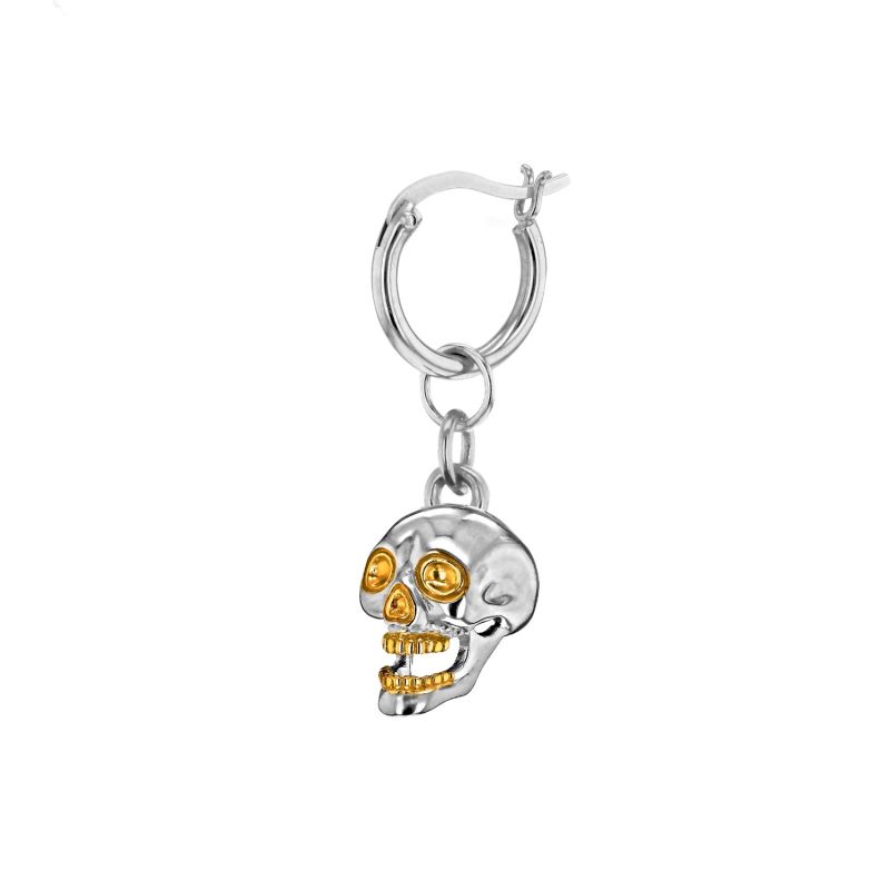 Gun Metal Grey Sterling Silver & 18Kt Gold Plated Mini Skull Charm On Gold Hoop image