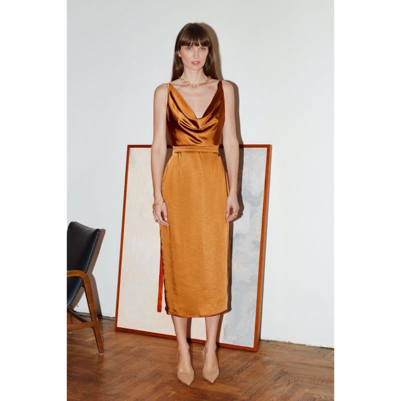 Kamea Tawny Brown Satin Draped Front Open Back Midi Dress image