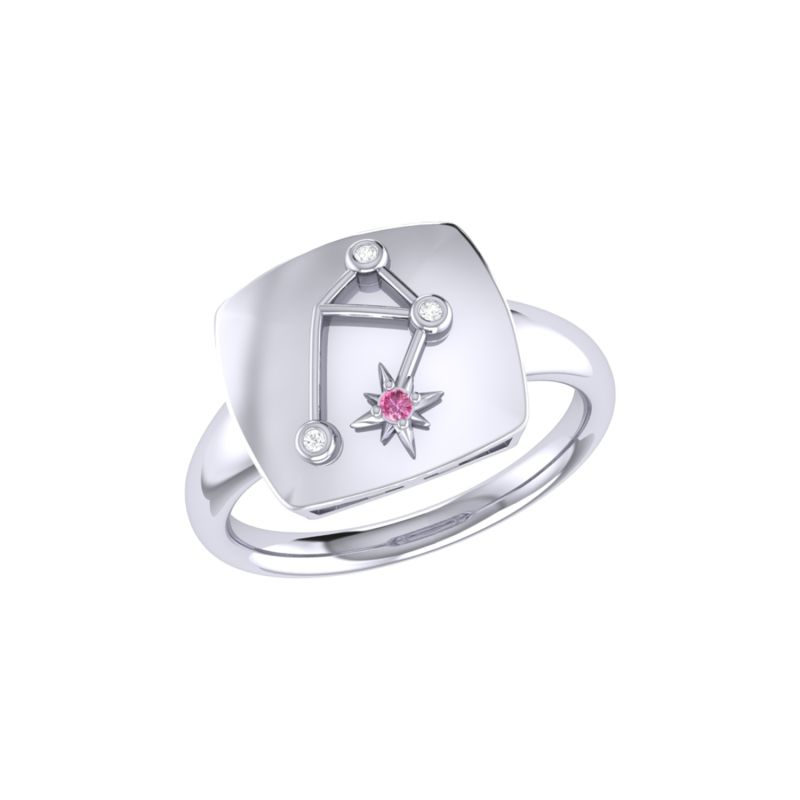 Libra Scales Pink Tourmaline & Diamond Constellation Signet Ring In Sterling Silver image