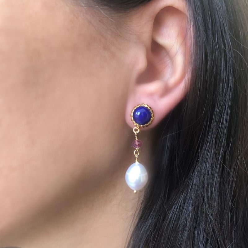 Lapis, Pink Quartz & Pearl Gold-Plated Drop Earrings image