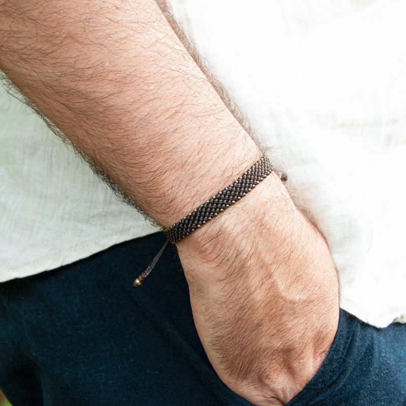 Men Wide Brown Rope & Bronze Wristband - Brown image