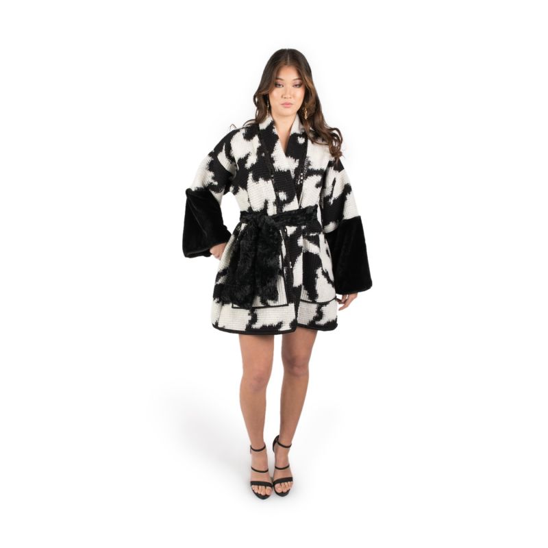 Elliott - Black And White Long Line Jacket In Wool And Faux Fur image