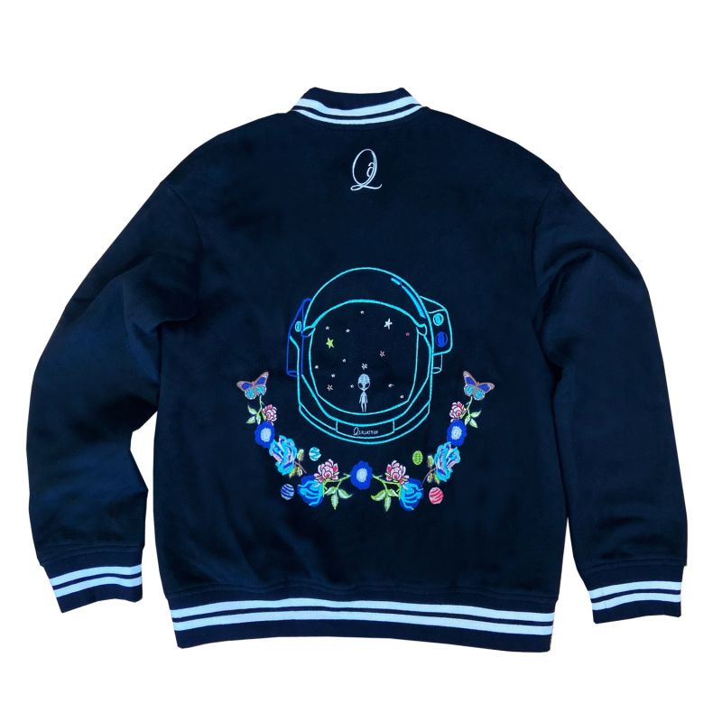 Unisex Black Wool Spaceman Embroidered Bomber Jacket image