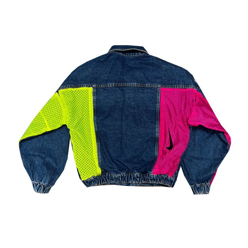 Navy Denim Jacket With Neon Pink & Yellow Nike Mesh image