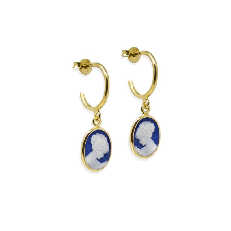 Gold-Plated Blue Mini Cameo Hoop Earrings image