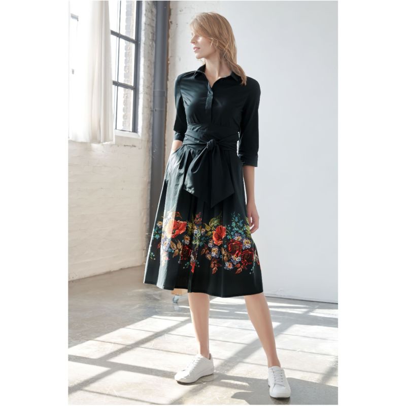 Floral Border Shirtdress With Detachable Wide Belt Black image