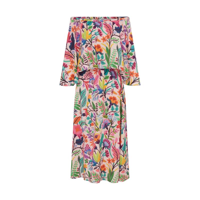 Adela Tropical Floral Off The Shoulder Bardot Midi Summer Dress In Vibrant Multicolours image