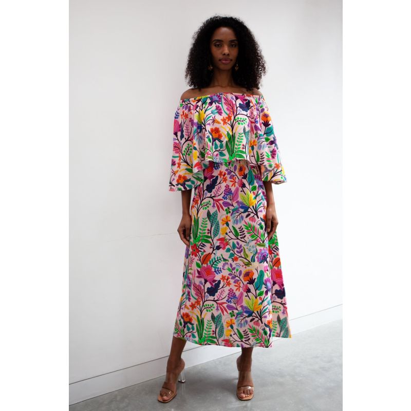 Adela Tropical Floral Off The Shoulder Bardot Midi Summer Dress In Vibrant Multicolours image