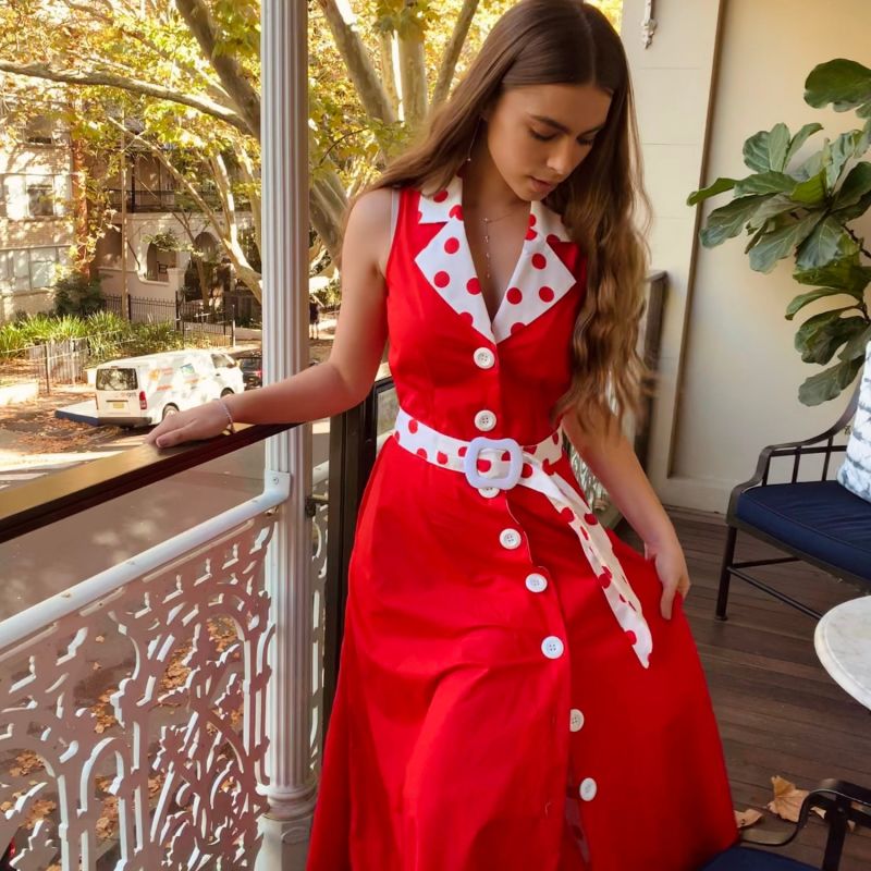 Adelaide Alluring Midi Dress In Red With White & Red Polka Dots image