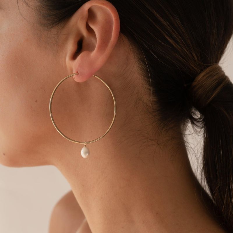 Adina Large Pearl Gold Thin Hoops image