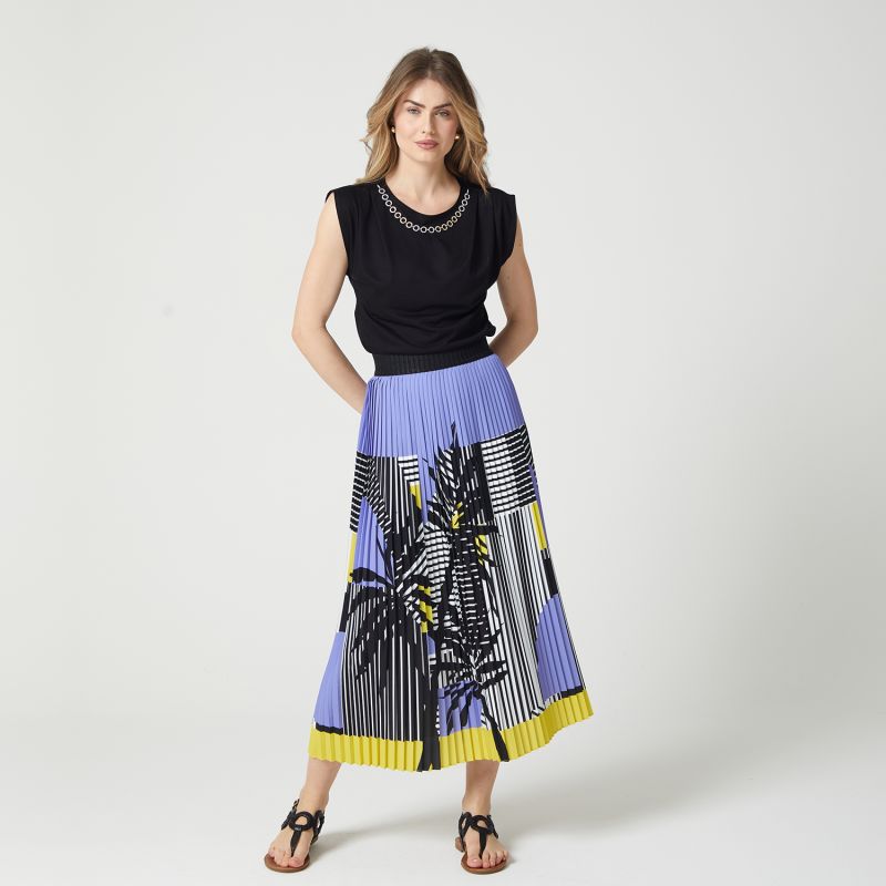 Stripe And Palm Print Pleated Recycled Fabric Maxi Skirt image