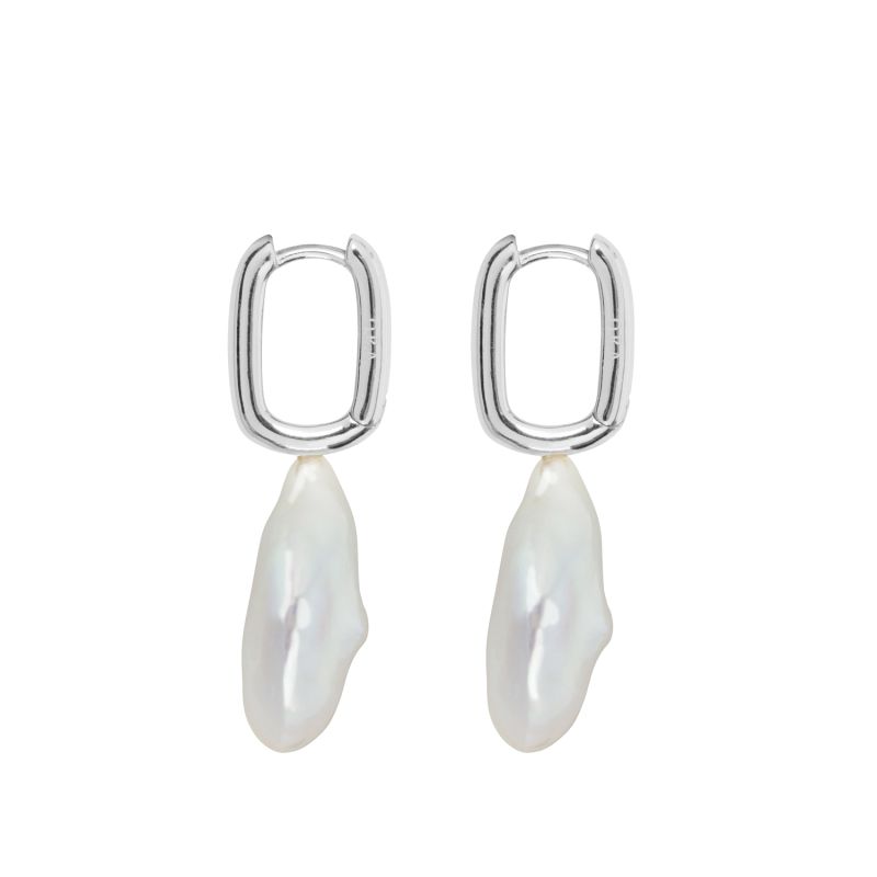 Aetis Flat Baroque Pearl Hoop Earrings-Silver image