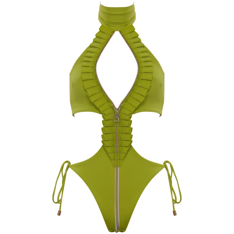 Ahmosy Cut-Out One-Piece Swimwear With Ruffles & Adjustable Zip In Lime Green image