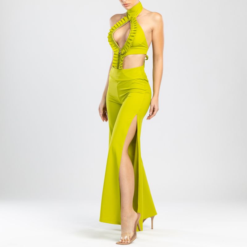 Ahmosy Cut-Out One-Piece Swimwear With Ruffles & Adjustable Zip In Lime Green image