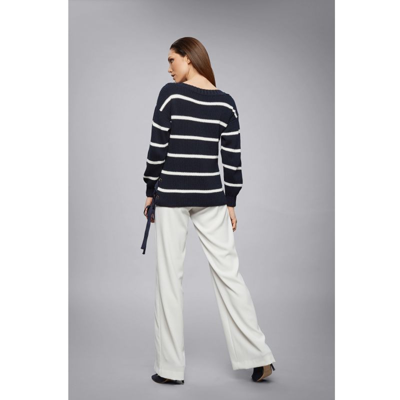 Monaco Striped Cotton Sweater With Metal Eyelets In Midnight Blue