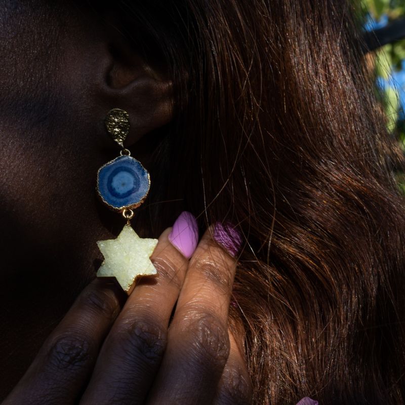 Night Sky Lemon Denim Blue Star Gold Gemstone Statement Earrings image