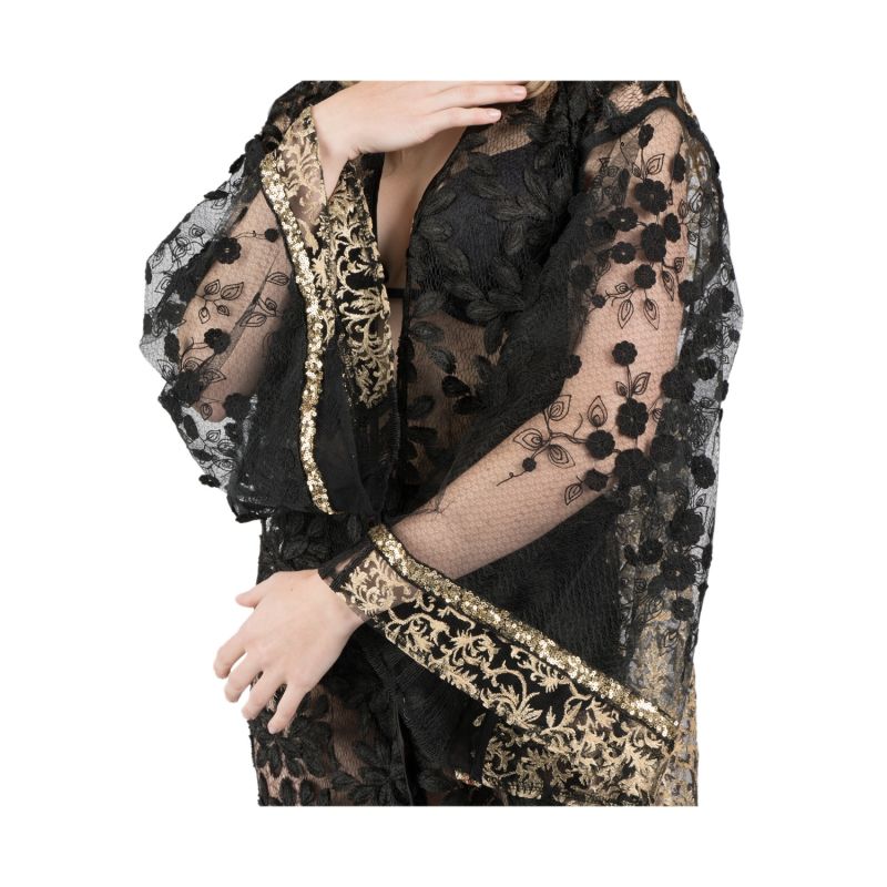 Khaleesi - Golden Baroque Embossed Lace Robe With Embroidered Mesh And Sequin Trim image