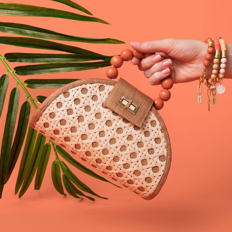 The Bella Tan & Burnt Orange Rattan Woven Handbag image