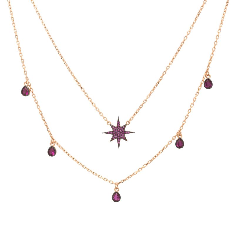 Starburst Double Strand Layered Necklace Rosegold Ruby Pink image